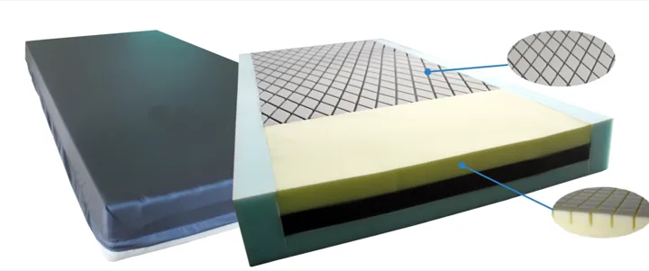 Reference multi-layer clinical mattress with dark cover and die-cut foam cross-section