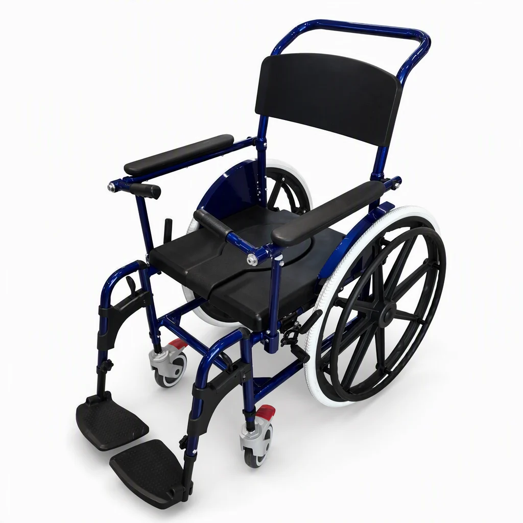 Blue ALK635L aluminum commode and shower wheelchair with large rear wheels