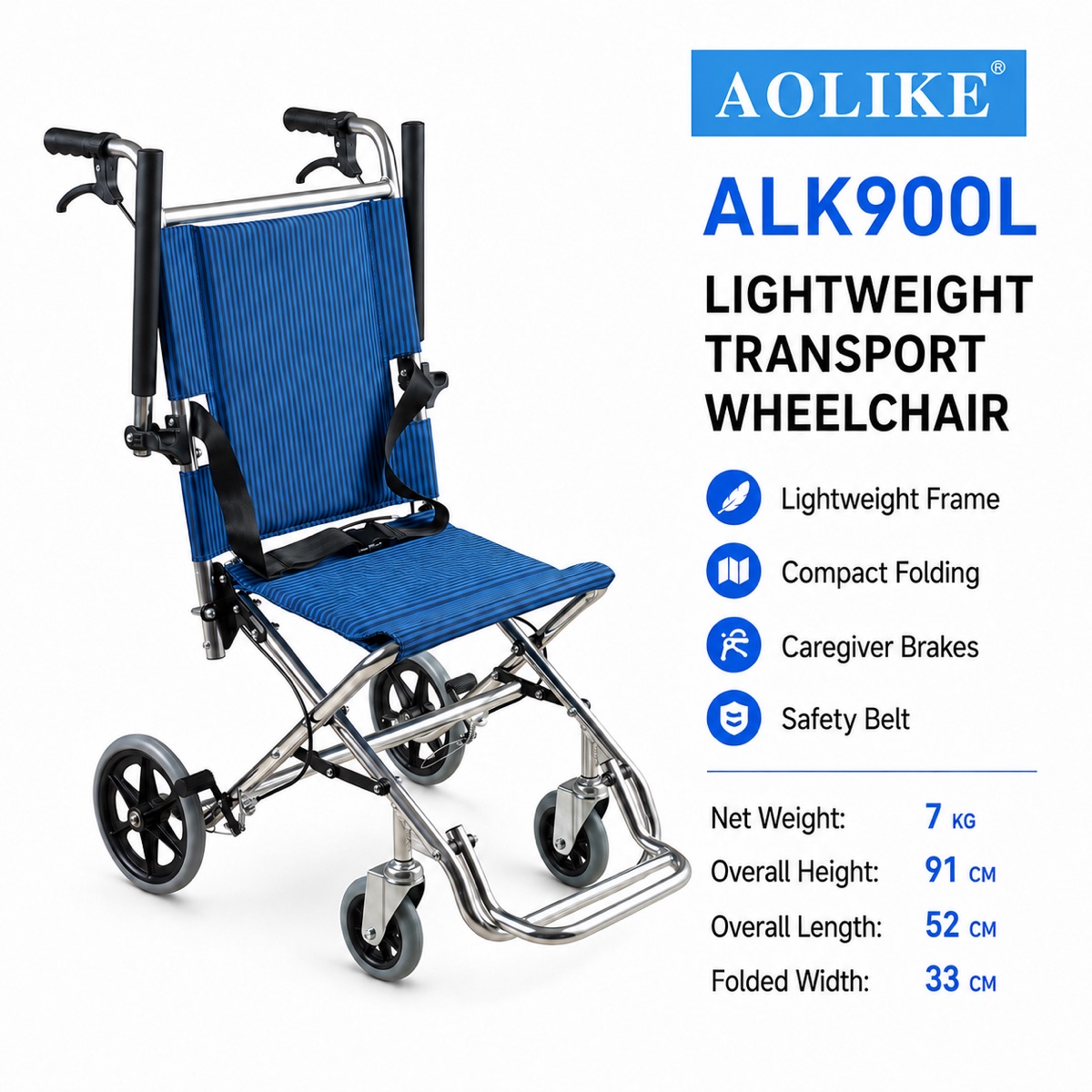 Blue ALK900L lightweight folding transport wheelchair with caregiver brakes and safety belt